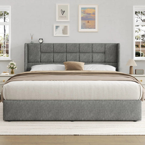 Game Changing King Bed Frame With Hydraulic Gas Lift Storage Super Roomy Linen Upholstered Base and deep underbed compartments in grey.