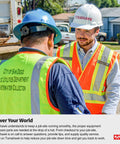 Two construction workers in safety vests and hard hats at a job site, one with Tomahawk helmet