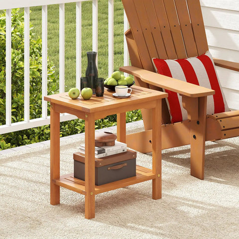 Acacia Wood Outdoor Side Table With Slatted Top And Two Tier Storage Shelf For Backyard Poolside Patio Or Indoor Use Built To Last In Natural Finish