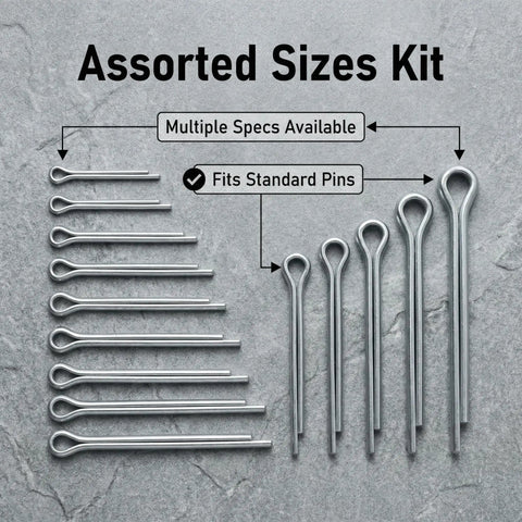 Pro Grade Heavy Duty Cotter Pin Kit With 110 Pieces In Eight Sizes From M2 To M6 variety of pin sizes displayed on surface