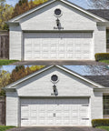 Before and after of a garage with Magnetic Garage Door Decorative Hardware Kit With Faux Hinges And Handles, 6 Piece Set In Black installed