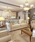 Living room with various lighting fixtures labeled, showcasing '10 Pack 12V G4 Bi Pin Halogen Bulbs T3 10W 120Lm Dimmable Warm White 2700K Eco Halogen No Mercury For Under Cabinet Puck Lights Chandeliers Track Lighting Accent Lighting' use.
