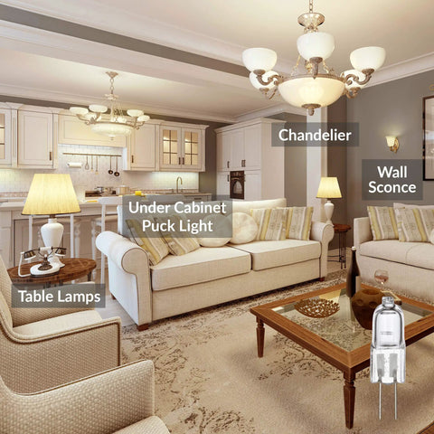 Living room with various lighting fixtures labeled, showcasing '10 Pack 12V G4 Bi Pin Halogen Bulbs T3 10W 120Lm Dimmable Warm White 2700K Eco Halogen No Mercury For Under Cabinet Puck Lights Chandeliers Track Lighting Accent Lighting' use.