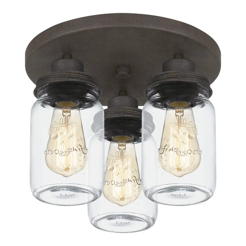 3-Light Textured Black Flush Mount With Faux Mahogany Wood Accents, Clear Glass Mason Jar Shade With Dope Rustic Lid, Durable Steel Construction