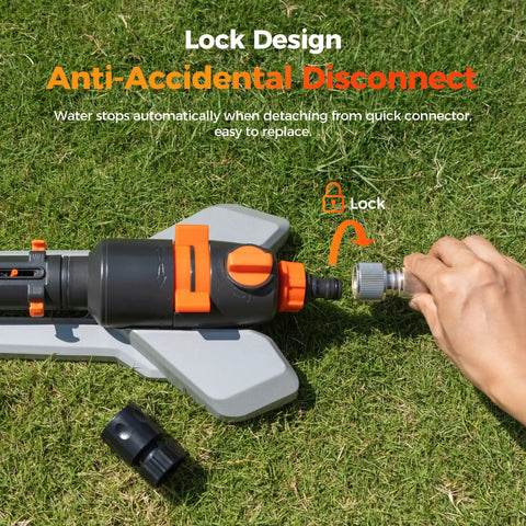 Turbo Oscillating Water Sprinkler With 17 Nozzles and quick connect hose in use on grass showing anti-accidental disconnect lock.