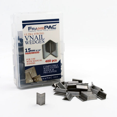 Heavy Duty V Nails For Hardwood Picture Frames And Tight Corner Wedges To Secure Your Woodwork Featuring Built Like A Tank Engineering That Delivers Seriously Sharp Joints Zero Headaches Any Day Of The Week, 15mm hardwood v nails in a container.