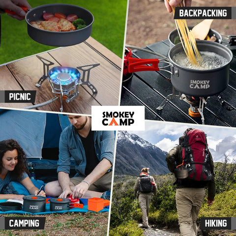 All-In-One Camping Cookware Set With Stove And Adapter, 10-Piece Backpacking Mess Kit Featuring Nonstick Aluminum Pots in use outdoors