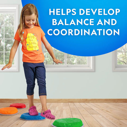 Child using Durable Non Slip Stepping Stones For Kids 3 Plus Set Of 10 Colorful Indoor Outdoor Balance And Motor Skill Builder