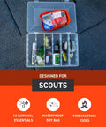 Waterproof Survival Kit In A Rugged Bag with Emergency Thermal Blanket, Fishing And Sewing Kits, Compass, and tools displayed