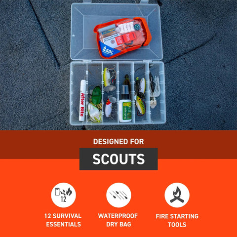 Waterproof Survival Kit In A Rugged Bag with Emergency Thermal Blanket, Fishing And Sewing Kits, Compass, and tools displayed