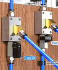 Blue 1/4 Inch OD PU Air Tubing Kit installed on a wooden panel demonstrating installation with turn on and off valves.