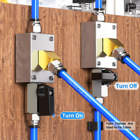 Blue 1/4 Inch OD PU Air Tubing Kit installed on a wooden panel demonstrating installation with turn on and off valves.