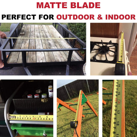 Collage of 33 Ft Tape Measure With Magnetic Hooks and Fraction Markings used in various indoor and outdoor projects.