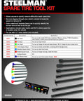 Must-Have Heavy Duty Seven Piece Spare Tire Retrieval Tool Kit With Lower And Raise Pulleys For Cradle Suspended Tires Color Coded Carbon Steel Tools Includes Flat Pin Standard Square Slotted Square 12mm Square Three Eighths Inch Square And Hex Heads packaging and tools.