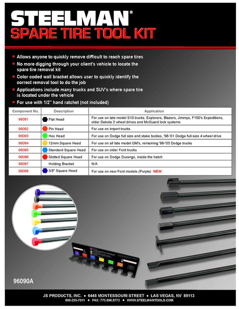 Must-Have Heavy Duty Seven Piece Spare Tire Retrieval Tool Kit With Lower And Raise Pulleys For Cradle Suspended Tires Color Coded Carbon Steel Tools Includes Flat Pin Standard Square Slotted Square 12mm Square Three Eighths Inch Square And Hex Heads packaging and tools.