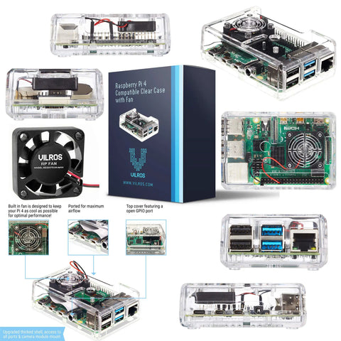 Raspberry Pi 4 Starter Kit With Fan Cooled ABS Case And 4GB Model B Board Plus Essential Accessories in clear packaging