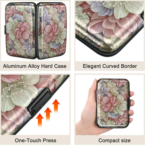 Ultra Slim RFID Blocking Aluminum Card Wallet For Men And Women with floral design, featuring clasp closure and compact front pocket size.