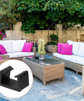 Rattan sofa set outdoors with inset of black 53mm clip, labeled Patio Furniture Clips Four Pack 53mm Diameter Rattan Sofa Clamps.
