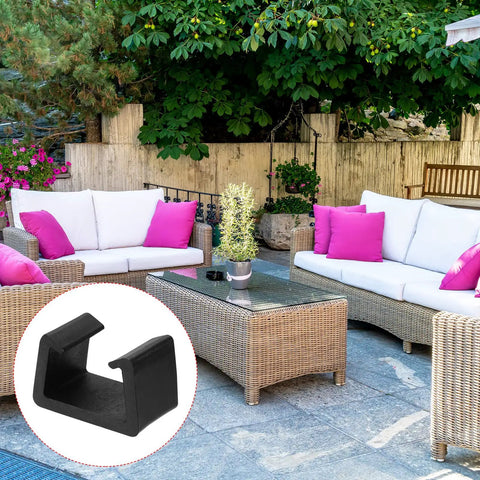 Rattan sofa set outdoors with inset of black 53mm clip, labeled Patio Furniture Clips Four Pack 53mm Diameter Rattan Sofa Clamps.
