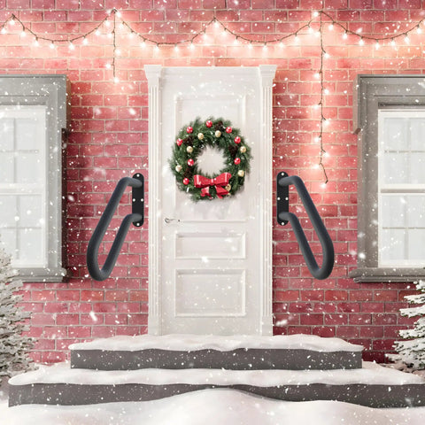 Built Like A Tank Heavy Duty Wrought Iron Hand Rails For Outdoor Steps, U Shaped Exterior Stair Railing with backplate by snowy porch.