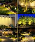 Images of 4 In 1 Solar Spotlight Outdoor Waterproof Landscape Lights illuminating gardens, driveways, and pool areas at night