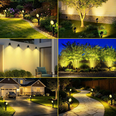 Images of 4 In 1 Solar Spotlight Outdoor Waterproof Landscape Lights illuminating gardens, driveways, and pool areas at night