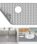 26 By 14 Inch Flexible Silicone Sink Mat With Non Slip Grid For Bottom Of Farmhouse Stainless Steel And Porcelain Sinks Rear Drain Hole Protects Dishes Prevents Scratches Keeps Counters Safe Drains Fast, shown under pot and in sink