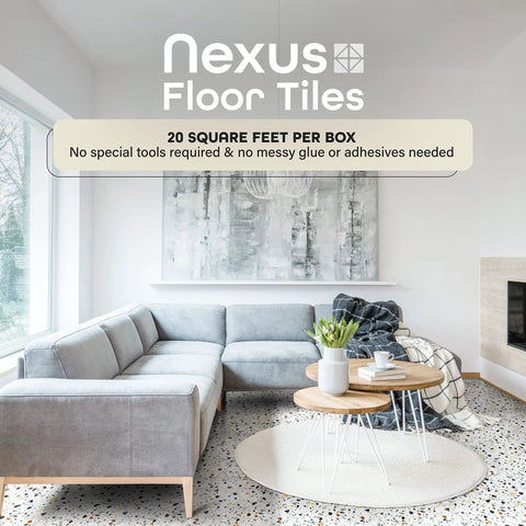 Peel And Stick 12x12 Vinyl Floor Tiles 20 Pack With Mosaic Slate Pattern in stylish living room setting, no glue needed.