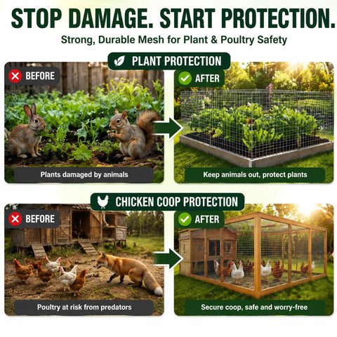 Before and after images showing Heavy Duty 304 Stainless Steel Hardware Cloth 1/2 Inch 20 Gauge Welded Mesh Chicken Wire Fencing use for plant and chicken coop protection.
