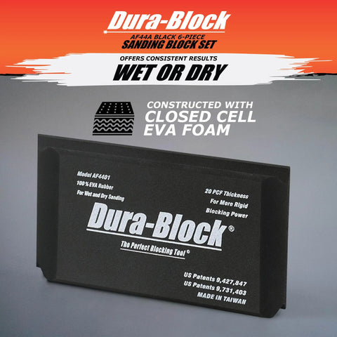 Dura-Block six-piece flexible EVA foam auto body sanding block kit for wet or dry sanding shown in package