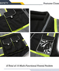 Close-up of front pockets and reflective strips on black Hi Vis Safety Vest With 10 Pockets, Zipper Front, Cushioned Collar, X Large.