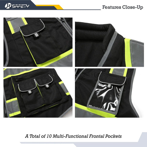 Close-up of front pockets and reflective strips on black Hi Vis Safety Vest With 10 Pockets, Zipper Front, Cushioned Collar, X Large.