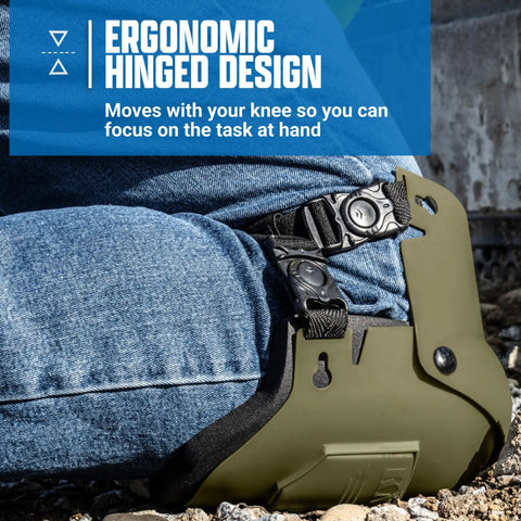 Side view of Ultra Flex III KneePro Knee Pads with triple layer foam cushioning on a person, highlighting speed clips and ergonomic design.
