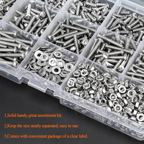 Hella Durable M3 Button Head Socket Cap Screw And Hex Nut Assortment Kit With 1280 Pieces 304 Stainless Steel Fasteners in a clear organizer.