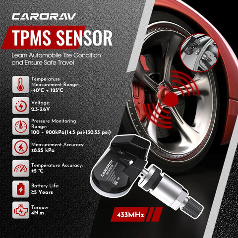 Preprogrammed Tpms Tire Pressure Sensors Fit Gm Trucks And Suvs 433 Mhz Monitoring Kit with detailed specifications displayed.