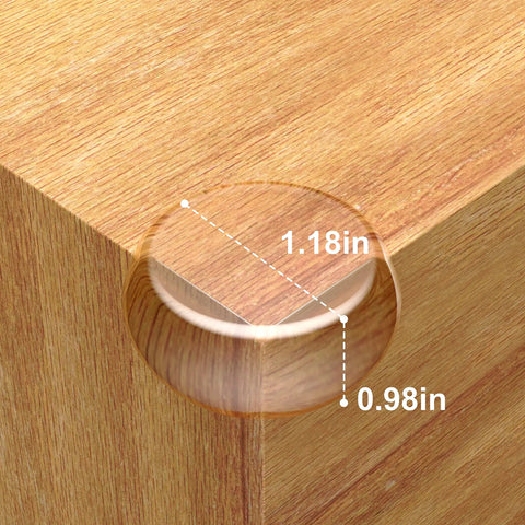 Clear PVC Baby Safe Table Corner Protector Guards for Furniture Edge Safety Bumpers on wooden table corner, showing dimensions.