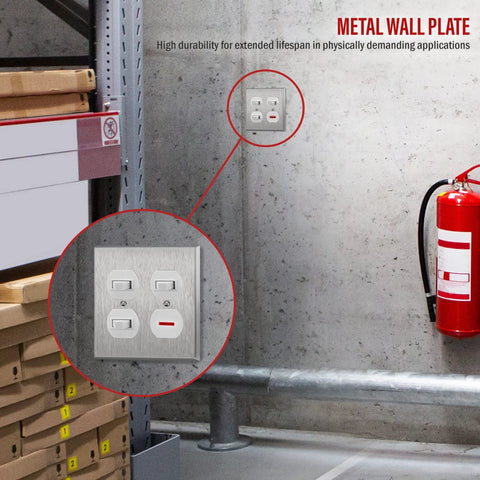 Two Gang Metal Wall Plate For Duplex Receptacles Stainless Steel 430 in use in an industrial setting, highlighting durability.