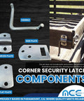 Corner Security Latch components including handle and plates made of zinc plated steel for Heavy Duty Corner Stake Latches.