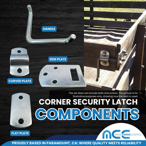 Corner Security Latch components including handle and plates made of zinc plated steel for Heavy Duty Corner Stake Latches.
