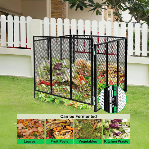 Big Ol 172 Gallon Outdoor Compost Bin With Rust Proof Coating in backyard filled with leaves and vegetable scraps