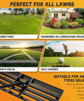 Heavy Duty Landscape Rake With 30 By 10 Inch Head And 78 Inch Detachable Stainless Steel Handle For Lawn Leveling And Yard Cleanup On Backyard Garden Golf Course Farm Pasture, showing application on various lawns.