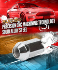 Chrome Lug Nuts 24 Pack For M14x1.5 Conical Seat OEM Style Replacement Kit and alloy steel lug nut illustration with car.