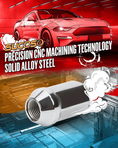 Chrome Lug Nuts 24 Pack For M14x1.5 Conical Seat OEM Style Replacement Kit and alloy steel lug nut illustration with car.