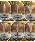 2.5W Solar Bird Bath Fountain Pump with 6 Nozzle Patterns in garden pool, displaying water spray options in sunlight.