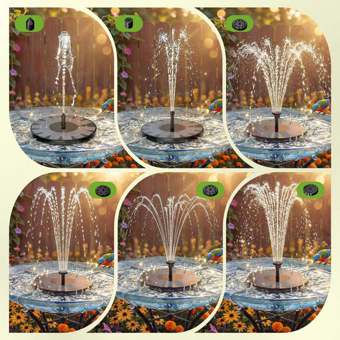 2.5W Solar Bird Bath Fountain Pump with 6 Nozzle Patterns in garden pool, displaying water spray options in sunlight.