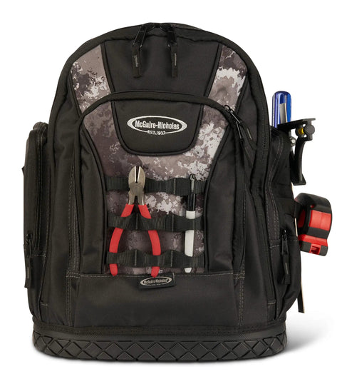 Front view of Heavy Duty Tool Backpack With Waterproof Base For Easy Tool Organization On The Go Veil Camo Tac Grey Durable Gear