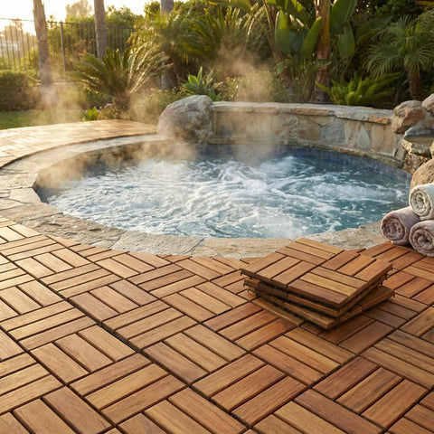 Teak Wood Interlocking Floor Tiles EZ Floor 12x12 Inch Pack Of 10 around outdoor hot tub with steam and rolled towels