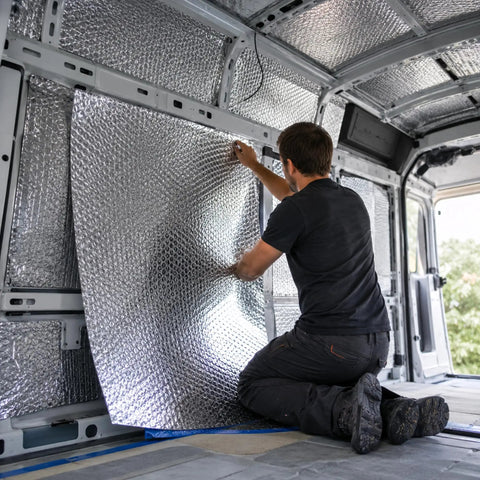Man installing Top Shelf Reflective Insulation Bubble Wrap Roll Thermal Barrier Foil on vehicle interior for temperature control.