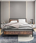 Top Tier Queen Platform Bed Frame With Solid Wooden Headboard Heavy Duty Steel Base Extra Under Bed Storage Noise Free No Box Spring Setup Straight Up Durable For Your Prime Chill Zone in a modern bedroom with a gray blanket.