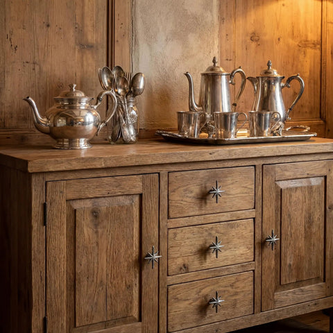 Wooden cabinet with six unique antique silver cast iron drawer pulls and cabinet knobs with 8 point star burst design